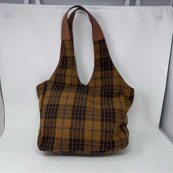 Lucky Brand Purse Brown Tan Blue Plaid Wool Blend Shoulder Bag Tote Front Pocket - Picture 8 of 14